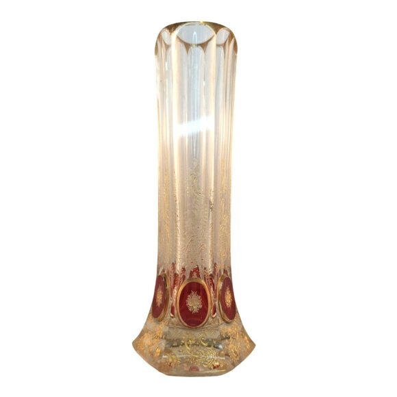 Antique Bohemian Crystal Bud Vase Clear Red Gold Etched Floral Design 9.75" Tall - Picture 13 of 13